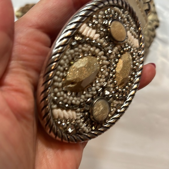 Chicos BLING beige white gem stone WIDE hook BELT beaded OVAL BUCKLE braided 41” - Picture 12 of 13